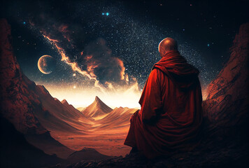 A Tibetan monk meditates against the backdrop of landscape and space. A fantastic world. A huge universe. Clouds, sand, mountains, sky. Generative AI.
