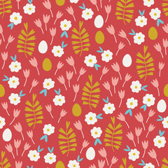 Easter seamless pattern with flowers, eggs, tulips, leaves, branches