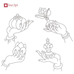 Minimal line gestures set. hand vector. nice hands. Hands of Buddha and Avalokitesvara. Used in cosmetics, jewelry, luxury goods industry.