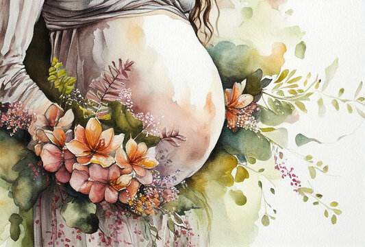 A pregnant woman and flowers, watercolor paints on watercolor paper. Beautiful  illustration.