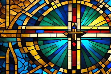Stained glass of Christian cross with golden paint splatter graphic background. Generative AI