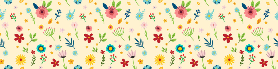 Spring flower -free pattern on a yellow background. Vector set of spring flowers for your design. Vector EPS 10