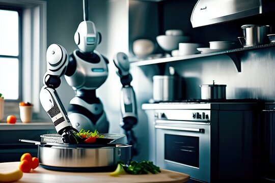 A robot is cooking in the kitchen with a fire in the background and a bowl of vegetables on the counter, computer graphics, automatists. Generative AI