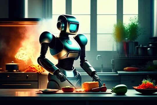 A robot is cooking in the kitchen with a fire in the background and a bowl of vegetables on the counter, computer graphics, automatists. Generative AI