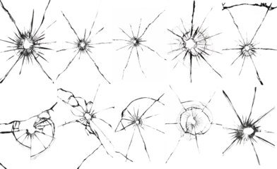 Set of bullet holes on white glass. Cracked texture of a shot window.