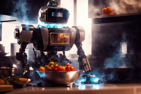 A robot is cooking in the kitchen with a fire in the background and a bowl of vegetables on the counter, computer graphics, automatists. Generative AI