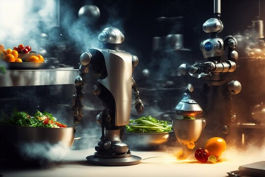 A robot is cooking in the kitchen with a fire in the background and a bowl of vegetables on the counter, computer graphics, automatists. Generative AI