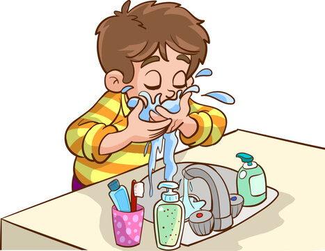 child washing face cartoon vector