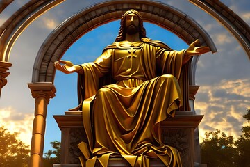 Stained glass of John 316 Banner Jesus Christ Statue with Gold Crown of Thorns 3D Rendering. Generative AI
