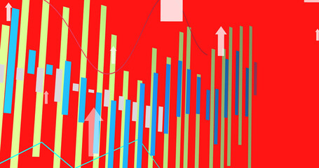 Image of data processing and arrows on red background