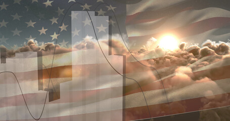 Image of data processing over clouds and flag of america