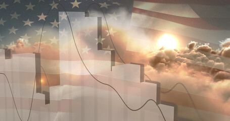 Image of data processing over clouds and flag of america