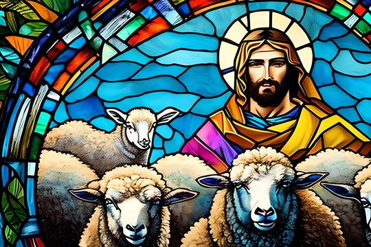 Stained glass of Son of God, the Lord is my shepherd, Jesus Christ with a flock of sheep, symbol of Christianity hand drawn art illustration painted with watercolors. Generative AI