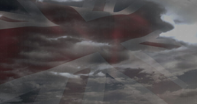 Image of data processing over clouds and flag of uk