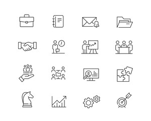 Business Icon collection containing 16 editable stroke icons. Perfect for logos, stats and infographics. Change the thickness of the line in Adobe Illustrator (or any vector capable app).