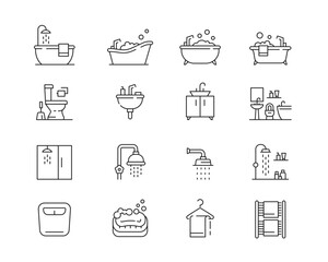 Bathroom Icon collection containing 16 editable stroke icons. Perfect for logos, stats and infographics. Change the thickness of the line in Adobe Illustrator (or any vector capable app).