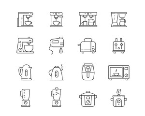 Kitchen appliances Icon collection containing 16 editable stroke icons. Perfect for logos, stats and infographics. Change the thickness of the line in Adobe Illustrator (or any vector capable app).