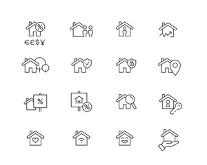 Housing Icon collection containing 16 editable stroke icons. Perfect for logos, stats and infographics. Change the thickness of the line in Adobe Illustrator (or any vector capable app).