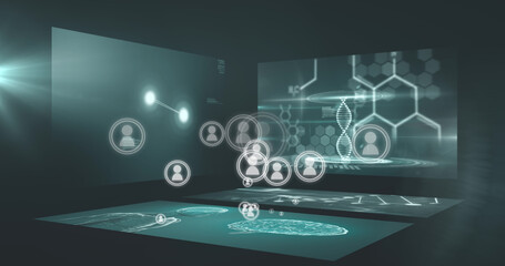 Image of media icons and data processing on black background