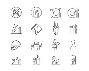 Restaurant Food Drink Icon collection containing 16 editable stroke icons. Perfect for logos, stats and infographics. Change the thickness of the line in Adobe Illustrator (or any vector capable app).
