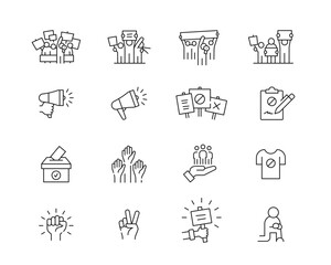 Protest and Strike Icon collection containing 16 editable stroke icons. Perfect for logos, stats and infographics. Change the thickness of the line in Adobe Illustrator (or any vector capable app).