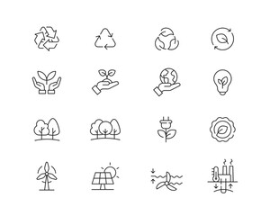 Sustainability Eco Icon collection containing 16 editable stroke icons. Perfect for logos, stats and infographics. Change the thickness of the line in Adobe Illustrator (or any vector capable app).