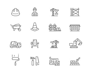 Construction Icon collection containing 16 editable stroke icons. Perfect for logos, stats and infographics. Change the thickness of the line in Adobe Illustrator (or any vector capable app).