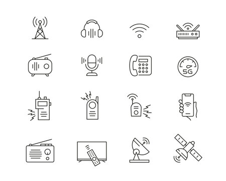 Communications Icon collection containing 16 editable stroke icons. Perfect for logos, stats and infographics. Change the thickness of the line in Adobe Illustrator (or any vector capable app).