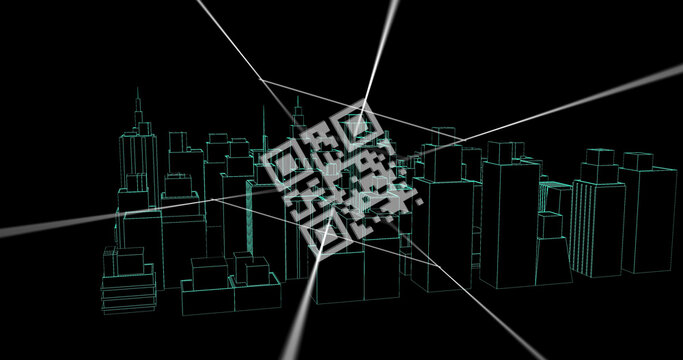 Image of qr code and data processing over city