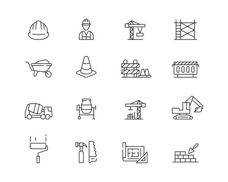 Construction Icon collection containing 16 editable stroke icons. Perfect for logos, stats and infographics. Change the thickness of the line in Adobe Illustrator (or any vector capable app).