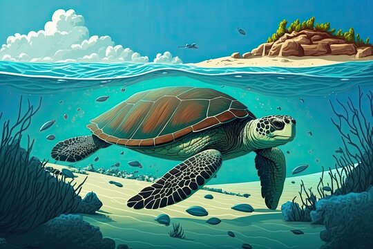 Under a blue sky and a calm sea, a green sea turtle glides over a sandy reef. Generative AI