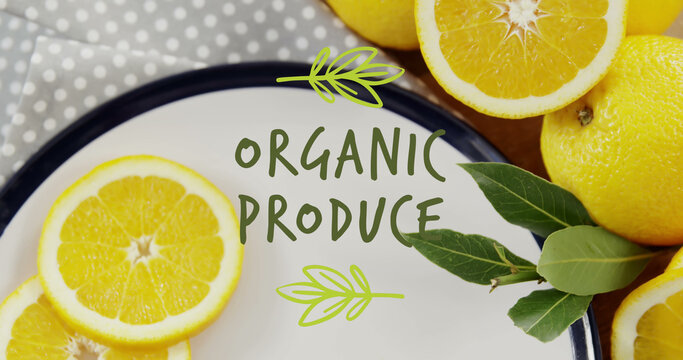 Image of organic produce text over oranges