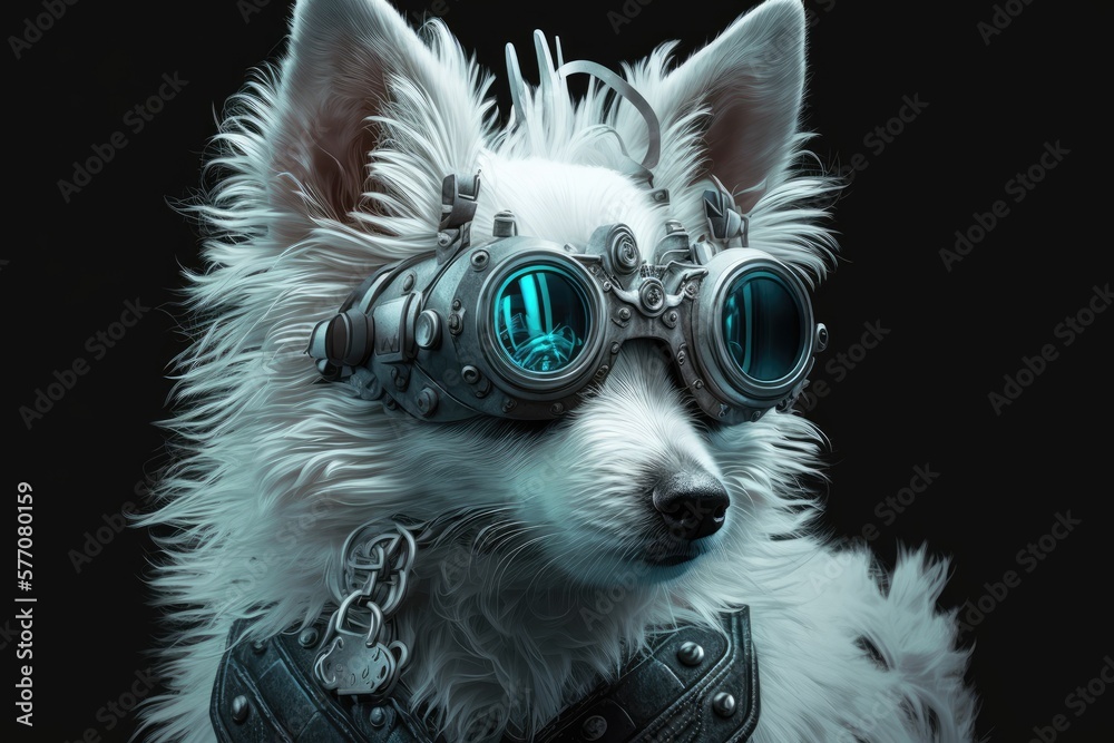 Poster cosplay canine with goggles and mechanical gears. cyberpunk artwork, drawn freehand. craftwork from 