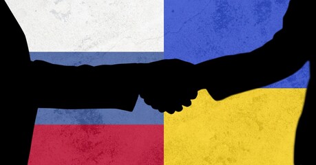 Digital composite of silhouette men doing handshake over russian and ukrainian flags