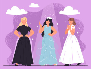 Concept of pageant. Young girls in dresses, black, blue and white. Discotheque or party, luxury show. Beauty contest, aesthetics and elegance. Cartoon flat vector illustration