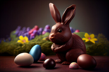 Fototapeta na wymiar Easter bunny with easter and chocolate eggs and flowers, generative AI 