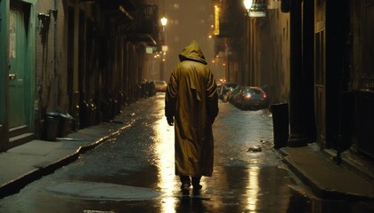 Fototapeta na wymiar a man in a yellow raincoat walking down a street at night with a yellow umbrella over his head and a yellow raincoat on his head. generative ai