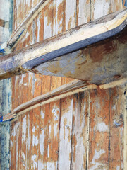 Old traditional wood texture from the French West Indies. Rowing boat wooden structure background....
