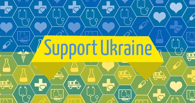 Naklejka Digitally generated image of support ukraine text over icons on blue and yellow ukrainian flag