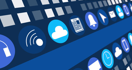 Image of digital online icons and blue stripe moving on dark blue background