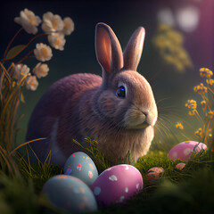 Easter bunny with easter and chocolate eggs and flowers, generative AI 