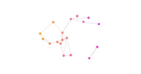 Image of neon network of connections spinning over white background