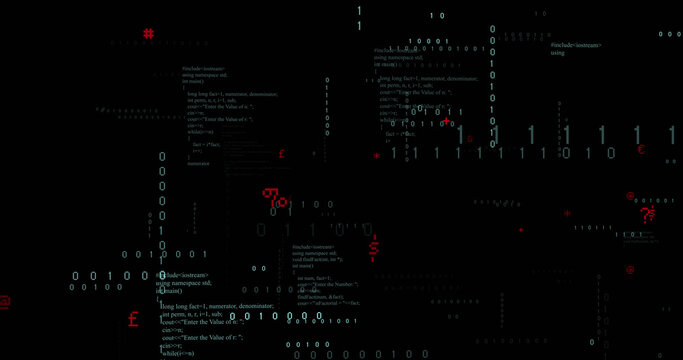 Image of binary coding and data processing on black background
