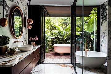The Contemporary, Opulent Bathroom Has A View Of A Tropical Garden And Features A Marble Floor, Copper Framed Mirror, And Wide Windows That Look Out Onto The Outdoors. Generative AI