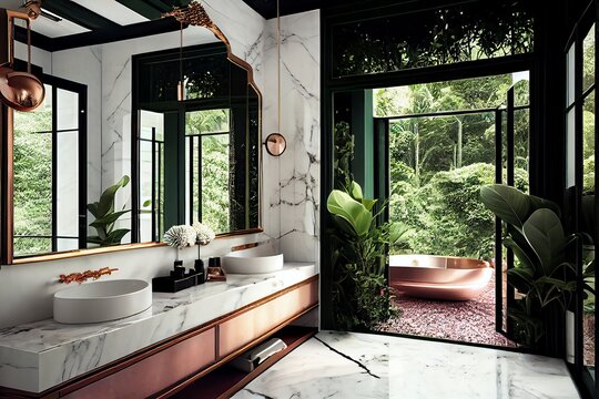 The Contemporary, Opulent Bathroom Has A View Of A Tropical Garden And Features A Marble Floor, Copper Framed Mirror, And Wide Windows That Look Out Onto The Outdoors. Generative AI