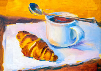 Still life with croissant and a cup of coffee.
