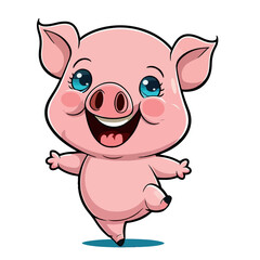 Obraz na płótnie Canvas Little pink and cheerful pig. Little baby pig. A friendly little pig with big dark eyes. Nice character graphics made in vector graphics. Illustration for a child.