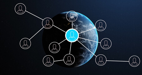 Image of network of connections with people icons over globe