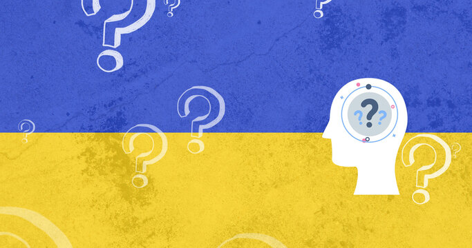 Naklejka Image of head silhouette and question marks floating over flag of ukraine
