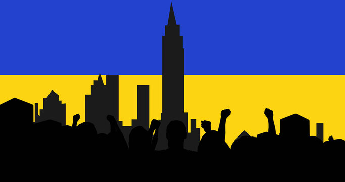 Naklejka Image of protesters silhouettes and cityscape over flag of ukraine